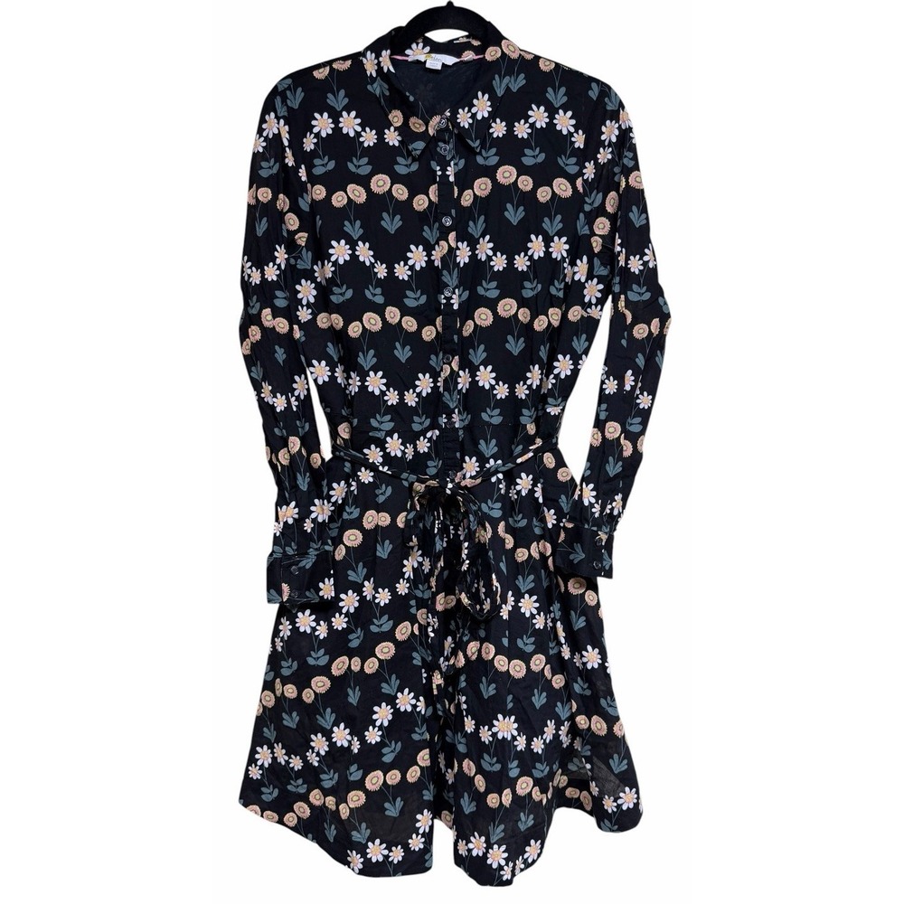 Boden Kitty Midi Long Sleeve Button-Up Shirtdress Black Women's Size 14L